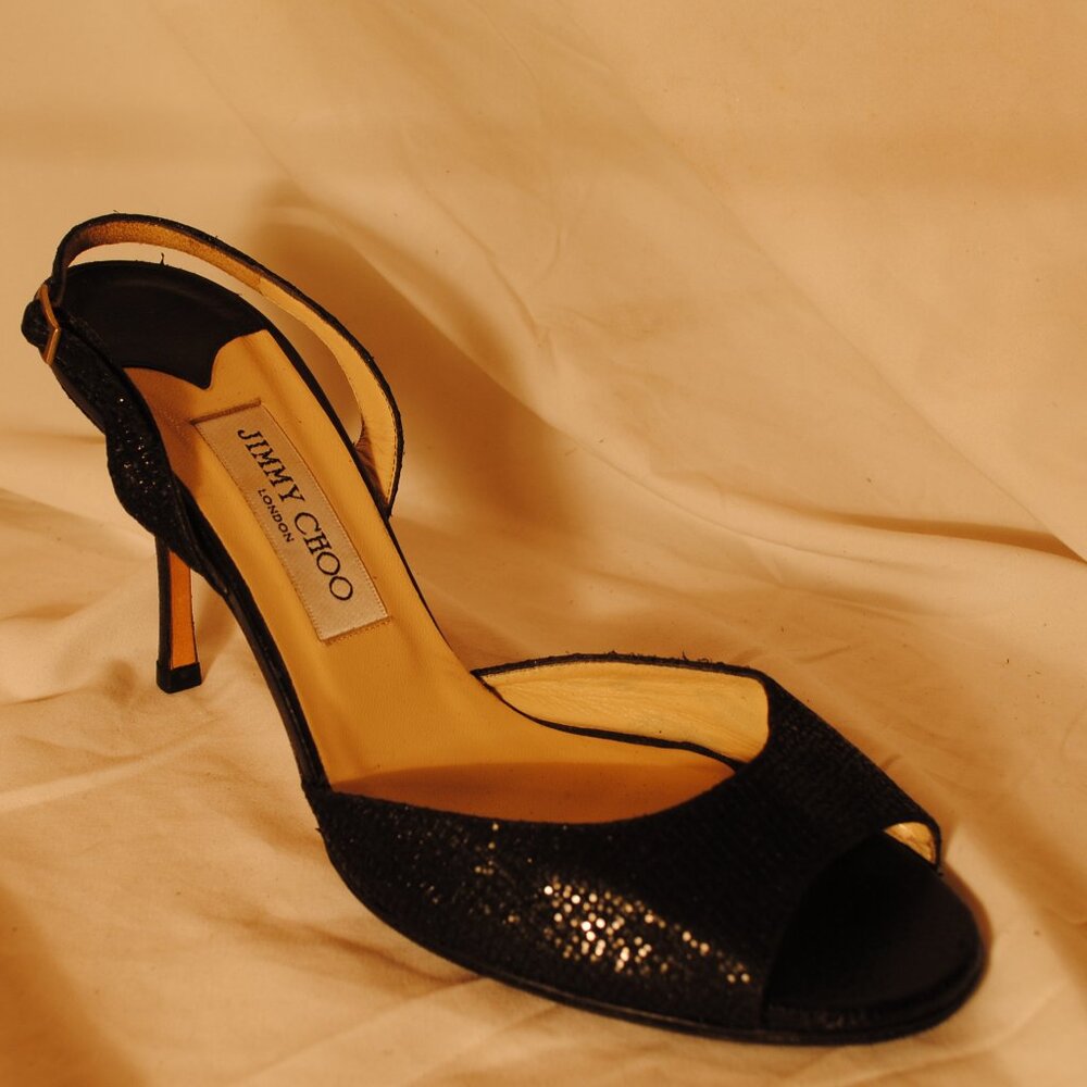 Jimmy Choo Glittering Black Open-Toe Heels - Picture 6 of 6